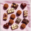 Assorted gourmet chocolates arranged on pink paper include heart- Royalty Free Stock Photo
