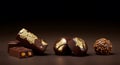 Assorted Gourmet Chocolates with Gold Leaf Decorations on Dark Background Royalty Free Stock Photo
