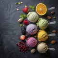 Assorted gourmet ice cream scoops with fresh fruits Royalty Free Stock Photo