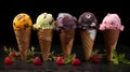 Assorted gourmet italian sorbet ice cream in individual paper cups, top view for concept backgrounds