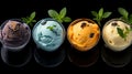 Assorted gourmet italian sorbet ice creams in paper cups, top view showcasing delicious flavors