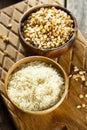 Assorted grains in wooden bowls