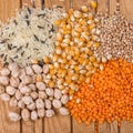 Assorted grains on wooden table