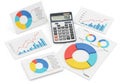 Assorted graphs and charts display various data sets using pie and bar formats, Royalty Free Stock Photo