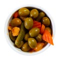 Assorted green olives and vegetables served in bowl Royalty Free Stock Photo