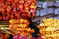 Assorted grilled pork and chicken innards barbecue at a street food stall Royalty Free Stock Photo