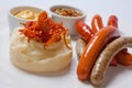 Assorted grilled sausages with mashed potatoes Royalty Free Stock Photo