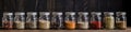 Assorted ground spices in bottles on wooden background. Royalty Free Stock Photo