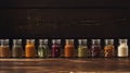 Assorted ground spices in bottles on wooden background. Royalty Free Stock Photo