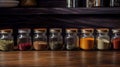 Assorted ground spices in bottles on wooden background. Royalty Free Stock Photo