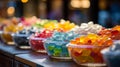 Assorted Gummy Candies Displayed In Bowls At A Colorful Market Stall. Generative AI Royalty Free Stock Photo