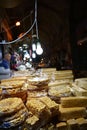 Assorted halva and turkish sweet snacks on street market closeup. Selective focus