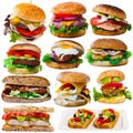 Assorted hamburgers, sandwiches and toasts isolated on white Royalty Free Stock Photo