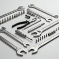 Assorted hand tools, including open-end and combination wrenches, a screwdriver, a Royalty Free Stock Photo