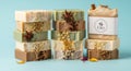 Assorted handcrafted soaps are stacked in three columns against a light blue background. Each soap Royalty Free Stock Photo
