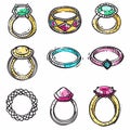 Assorted handdrawn engagement rings colorful sketch collection. Precious gemstones, diamonds