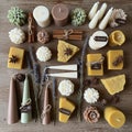 Assorted handmade candles are displayed on a wooden surface. The collection features various shapes Royalty Free Stock Photo