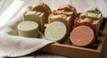 Assorted handmade soap bars are arranged Royalty Free Stock Photo