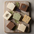 Assorted handmade soap bars displayed on Royalty Free Stock Photo