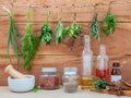 Assorted hanging herbs ,parsley ,oregano,sage,rosemary,sweet basil,dill,spring onion and set up with dry and fresh thyme Royalty Free Stock Photo