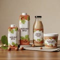 Assorted hazelnut-themed products displayed on a wooden surface with a neutral Royalty Free Stock Photo