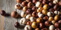 Assorted Hazelnuts Spread Across a Wooden Surface in Soft Natural Light. Royalty Free Stock Photo