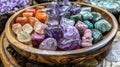 Assorted healing crystals and carved gemstones in wooden bowl. Royalty Free Stock Photo