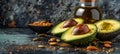 Assorted healthy fats avocado, nuts, seeds, olive oil on white background, space for text design. Royalty Free Stock Photo