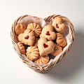 Assorted heart cookies in basket. Flat lay. AI generated