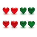 Assorted heart-shaped objects in vibrant red and green colors displayed in a grid pattern Royalty Free Stock Photo