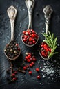 Assorted herbs and spices in close up, elegantly arranged in spoons for culinary inspiration