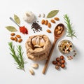 Assorted herbs, spices, nuts, and garlic arranged in a circular pattern on a white background Royalty Free Stock Photo