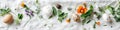 Artistic flat lay of herbs wildflowers and quail eggs arranged on a linen cloth Royalty Free Stock Photo