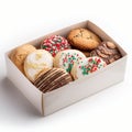 Assorted holiday cookies in a box with festive decorations and icing toppings Royalty Free Stock Photo