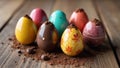 Assorted hollow chocolate easter eggs with elaborate patterns and textures on a rustic wooden surface. Royalty Free Stock Photo