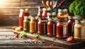 Assorted Homemade Sauces in Glass Jars on Wooden Table, AI Generated