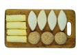 Assorted homemade semi-finished products on wooden board. Frozen cutlets, pancakes. Preparations of homemade food.