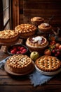 assorted homemade thanksgiving pies on a wooden table