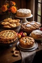 assorted homemade thanksgiving pies on a wooden table