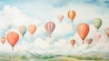 Assorted hot air balloons floating in morning sky. Wall art wallpaper Royalty Free Stock Photo