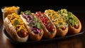 Assorted hot dogs with various toppings on a black tray