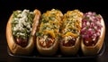 Assorted hot dogs with various toppings on a black tray