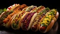 Assorted hot dogs with various toppings on a black tray