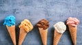 Assorted ice cream flavors in cones in a banner Royalty Free Stock Photo