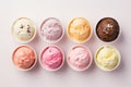 Assorted Ice Cream Flavors With Toppings Aesthetically Beautiful Minimalist Style. Generative AI Royalty Free Stock Photo