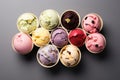 Assorted Ice Cream Flavors With Toppings Top View. Generative AI