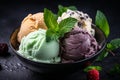 Assorted ice cream flavours with fresh mint on black background for menu or banner design Royalty Free Stock Photo