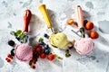 Assorted ice cream flavours in metal scoops Royalty Free Stock Photo