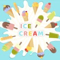 Assorted ice cream on light yellow background and splash with place for text