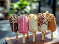 Assorted ice cream popsicles with nuts on wooden board in sunlight Royalty Free Stock Photo
